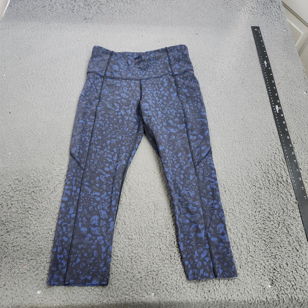 Lululemon Blue Black Abstract Camo High Rise Crop Leggings Pockets Size 4 10990